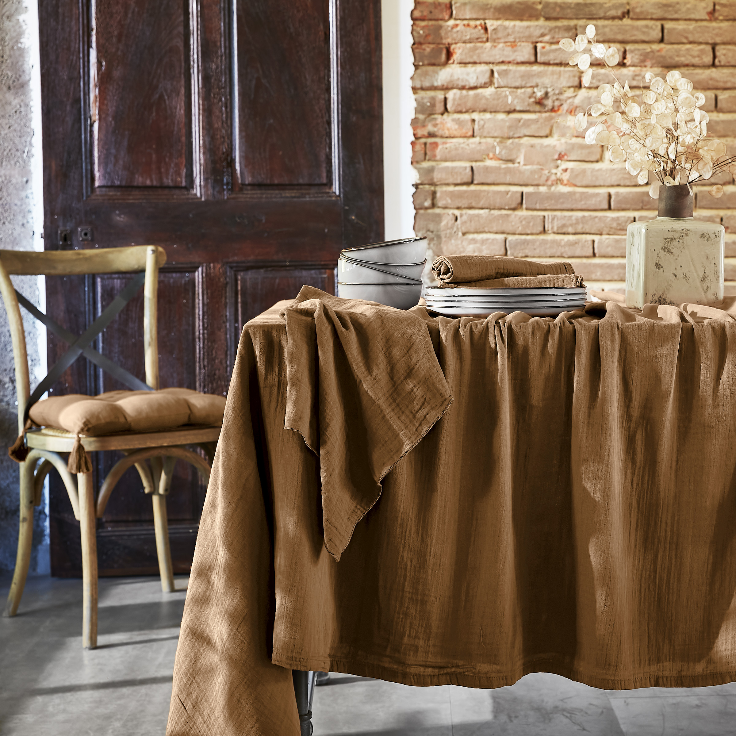 Tovaglia rettangolare garza di cotone (L350 cm) Gaïa Camel 1