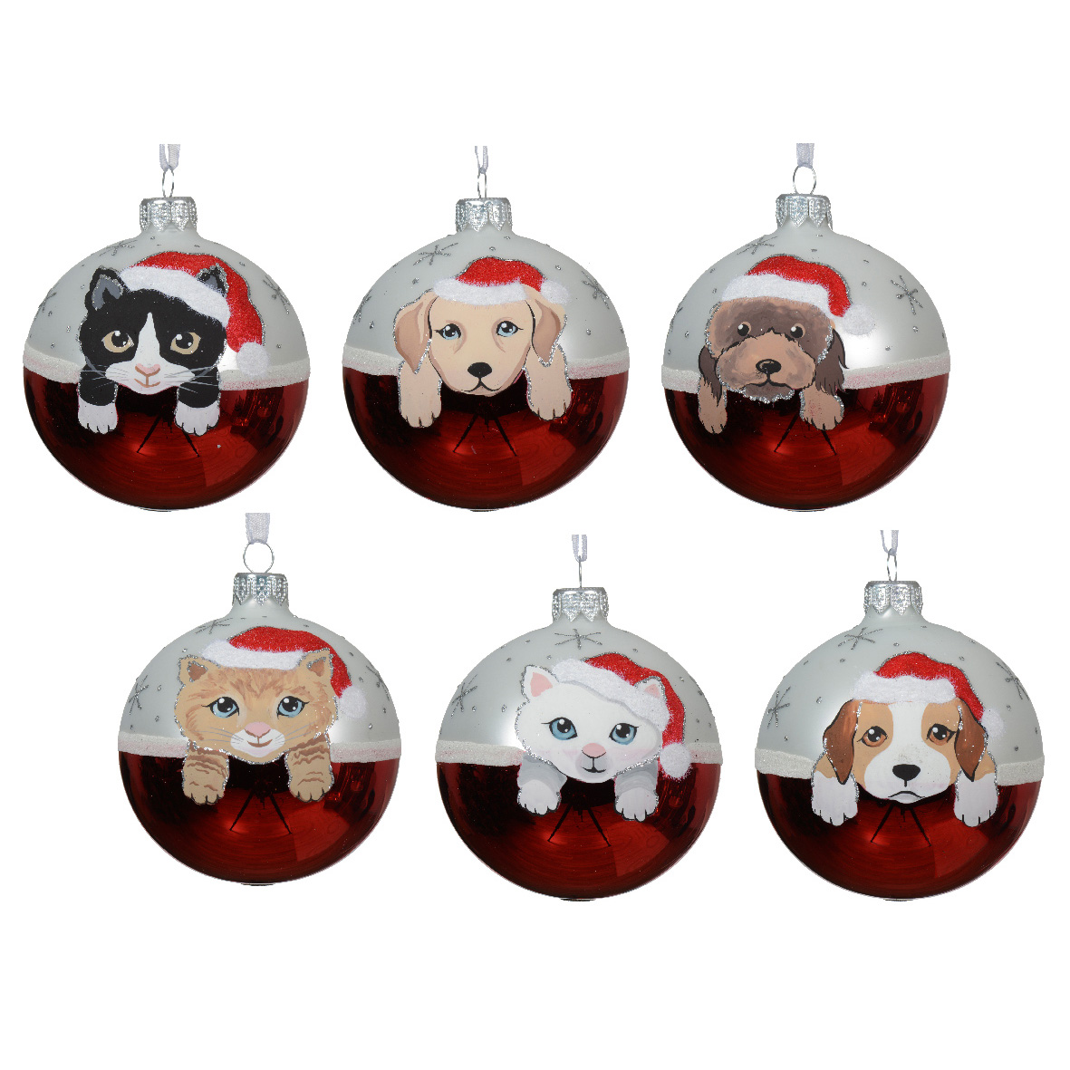 Set di 6 palline di Natale in vetro (D80 mm) Cani e Gatti