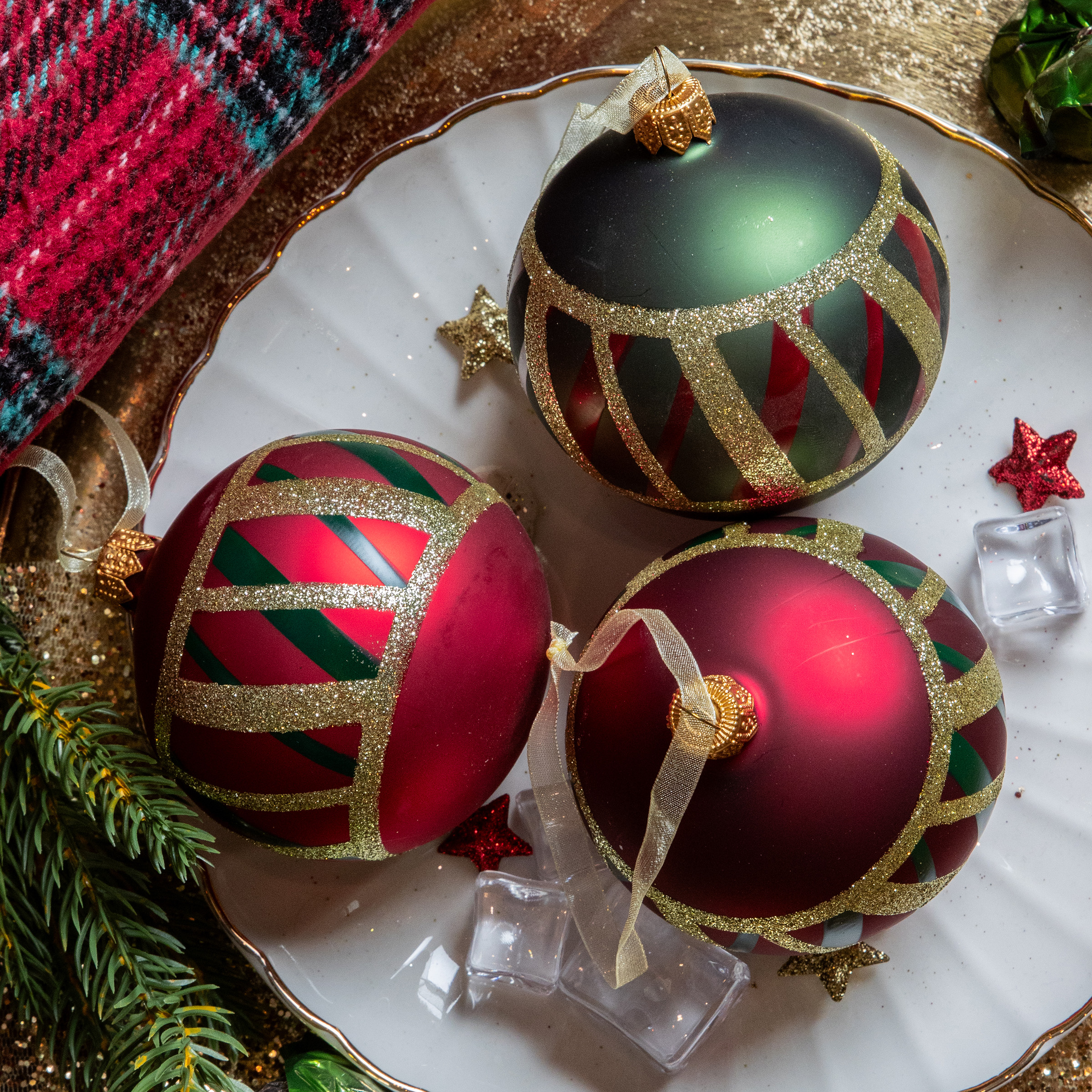 Set di 6 palline di Natale in vetro (D80 mm) Quadri Verde e rosso