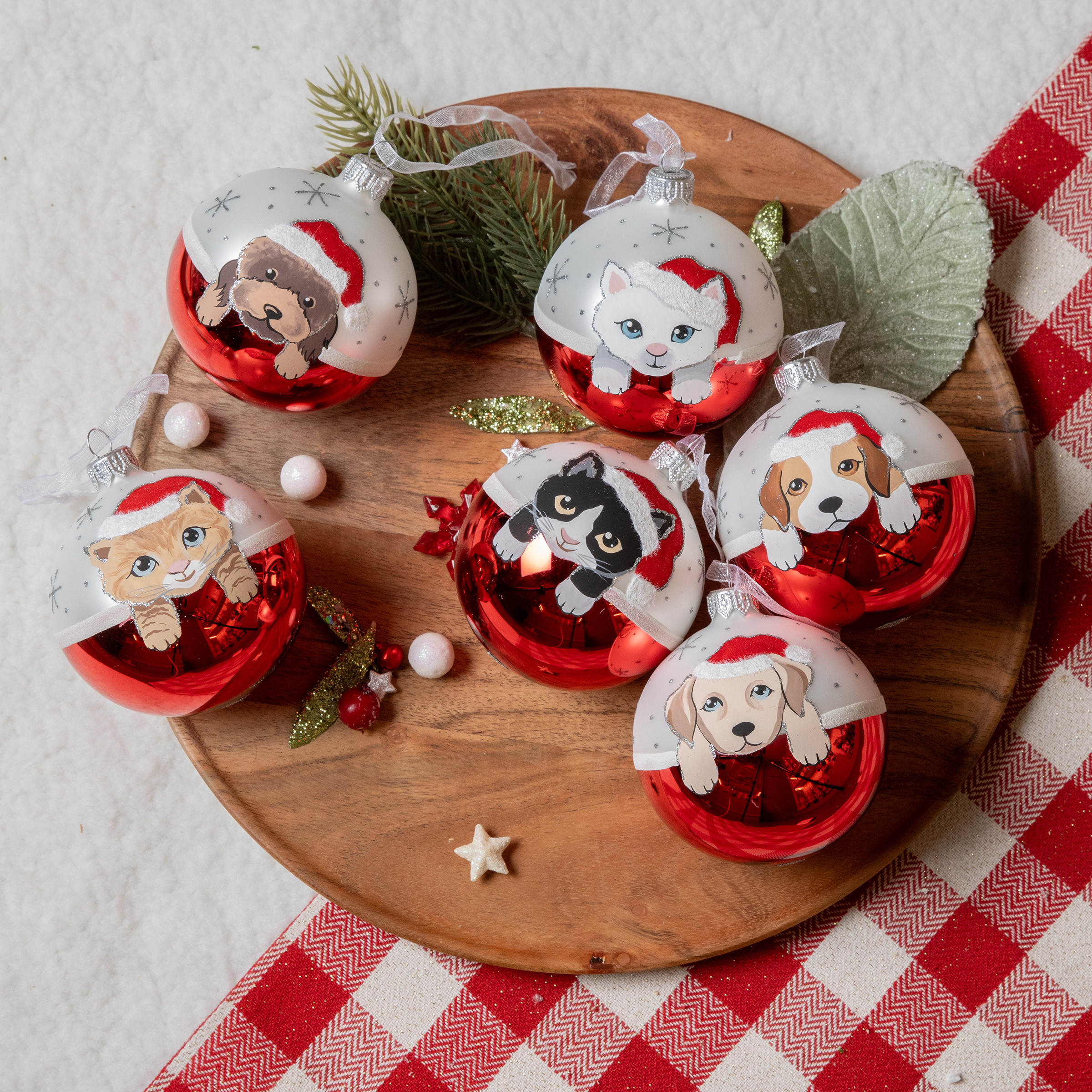 Set di 6 palline di Natale in vetro (D80 mm) Cani e Gatti