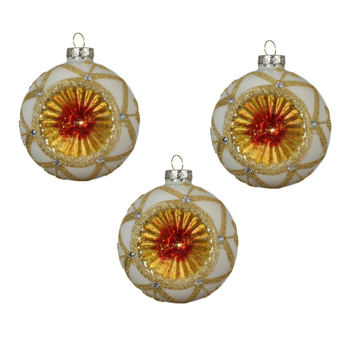 Set di 3 palline di Natale in vetro (D80 mm) Imperial Bianco lana e oro