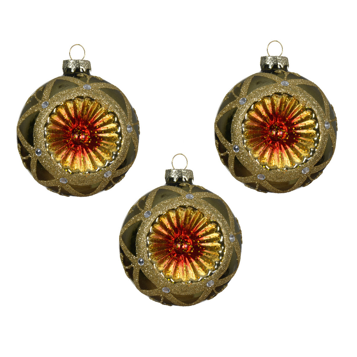 Set di 3 palline di Natale in vetro (D80 mm) Imperial Verde rosmarino e oro