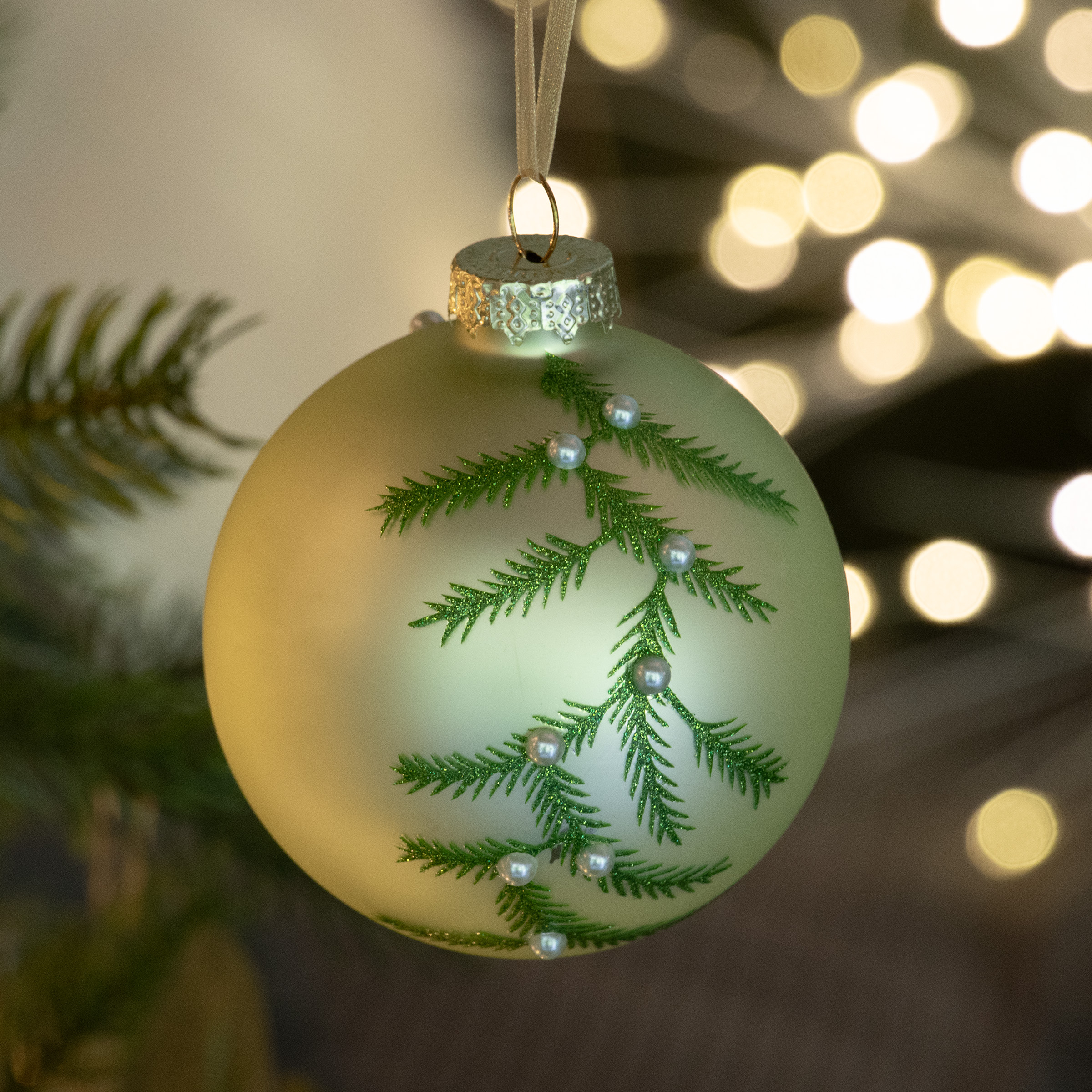 Set di 3 palline di Natale in vetro (D80 mm) Fogliame invernale Tè verde